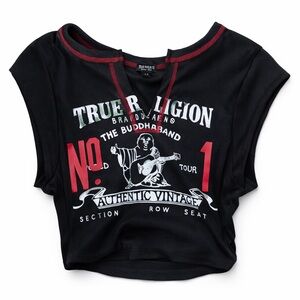 True Religion Contrast Buddah V-Notch black crop t-shirt